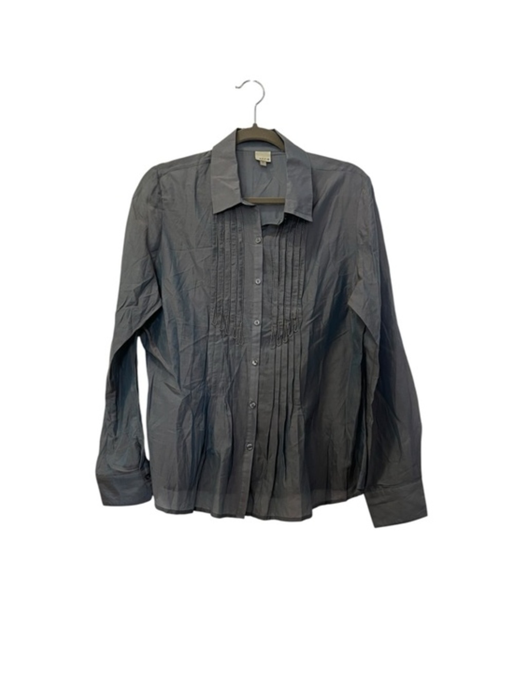 Ecru Pintuck Bead Chain Silk Blend Blouse, Blue Gray Button Down Size L